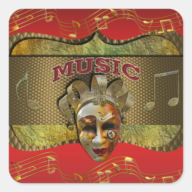 Mardi Gras Smiling Mask Metallic Music Notes Square Sticker (Front)