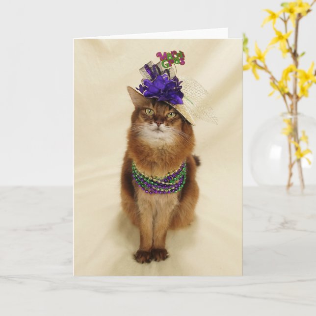 Mardi Gras Somali Cat with Beads and Hat  Card (Yellow Flower)