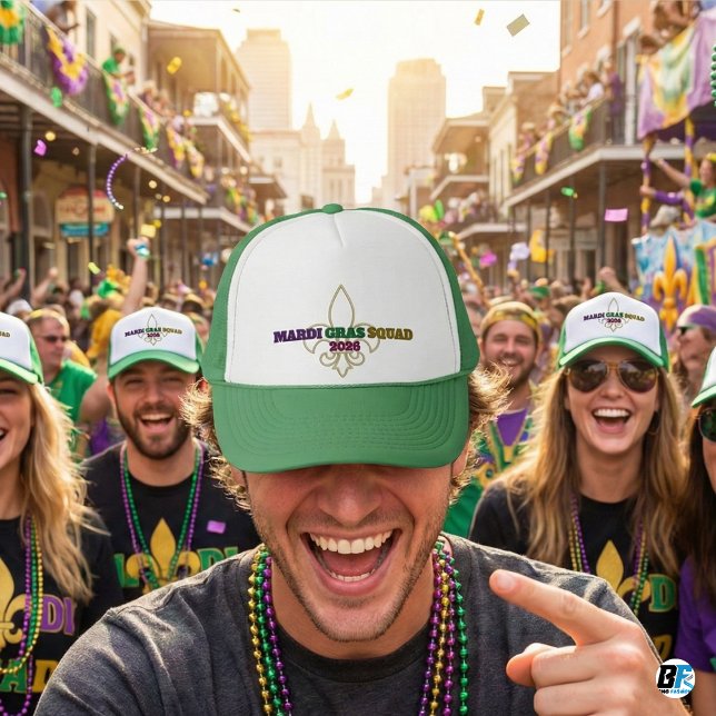Mardi Gras Squad 2026 Fleur De Lis Green Trucker Hat (Creator Uploaded)