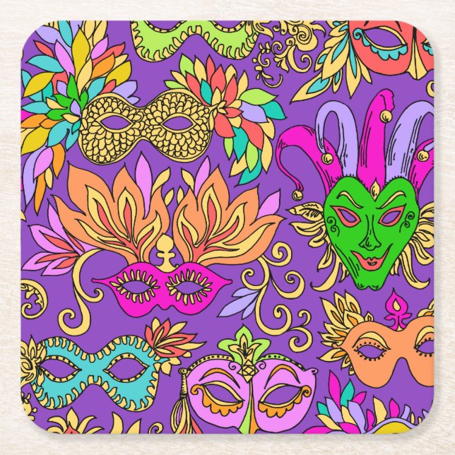 Mardi Gras Square Paper Coaster (Front)