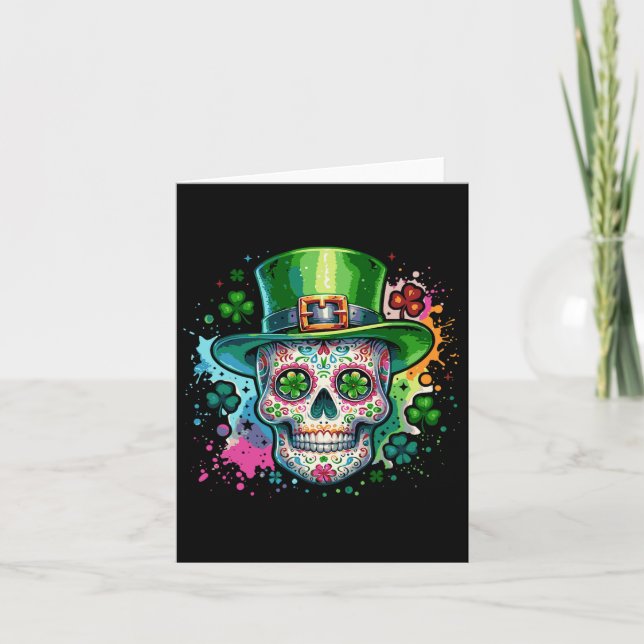 Mardi Gras St Patricks Day Shamrock Sugar Skull Ca Card (Front)