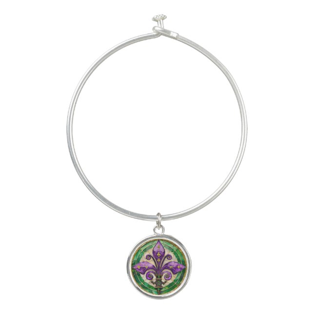 Mardi Gras Stained Glass Fleur de lis  Bangle Bracelet (Front)