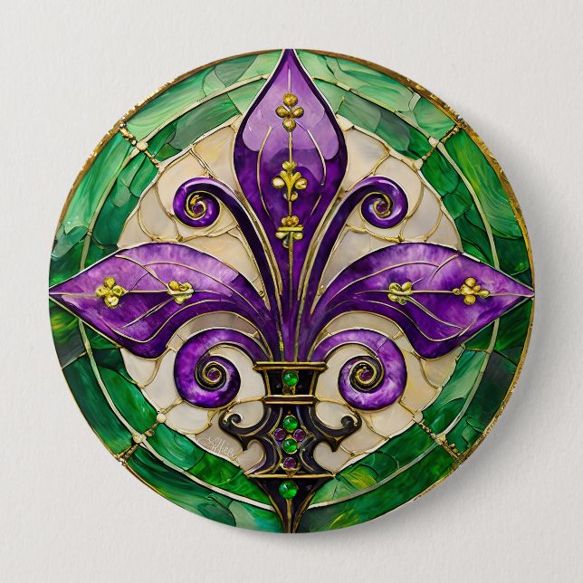 Mardi Gras Stained Glass Fleur de lis  Button (Front)