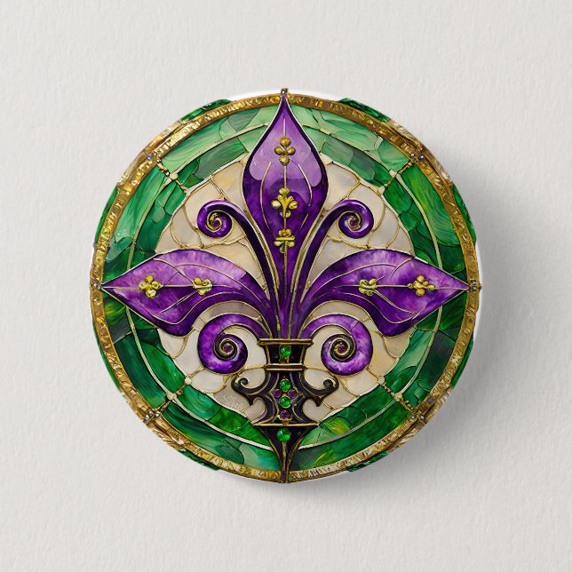 Mardi Gras Stained Glass Fleur de lis  Button (Front)