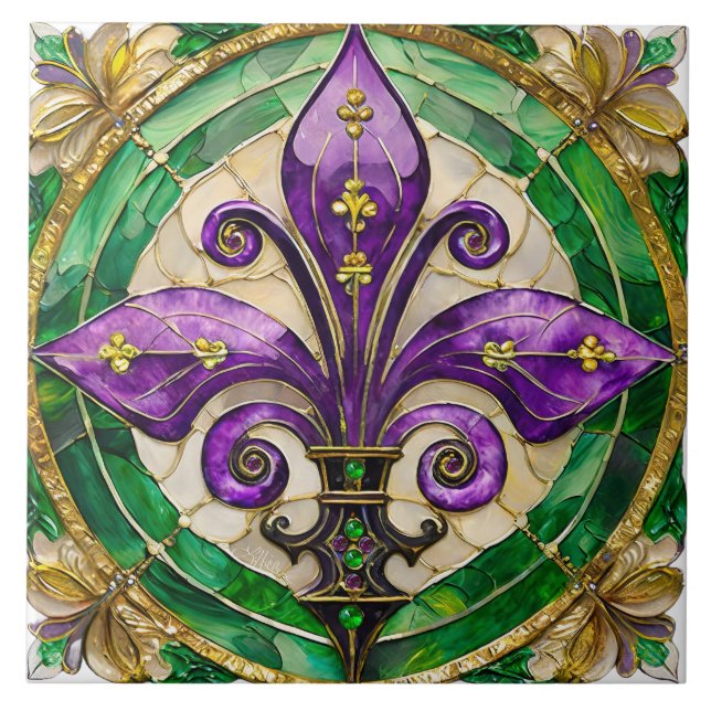 Mardi Gras Stained Glass Fleur de lis  Ceramic Tile (Front)