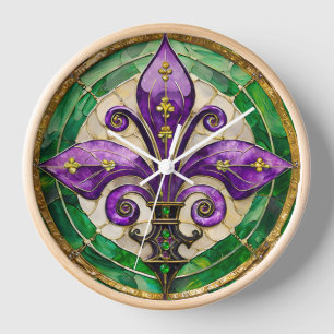 Mardi Gras Stained Glass Fleur de lis Clock
