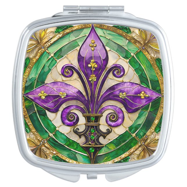 Mardi Gras Stained Glass Fleur de lis  Compact Mirror (Front)