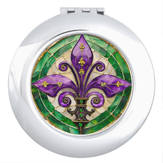 Mardi Gras Stained Glass Fleur de lis  Compact Mirror (Front)