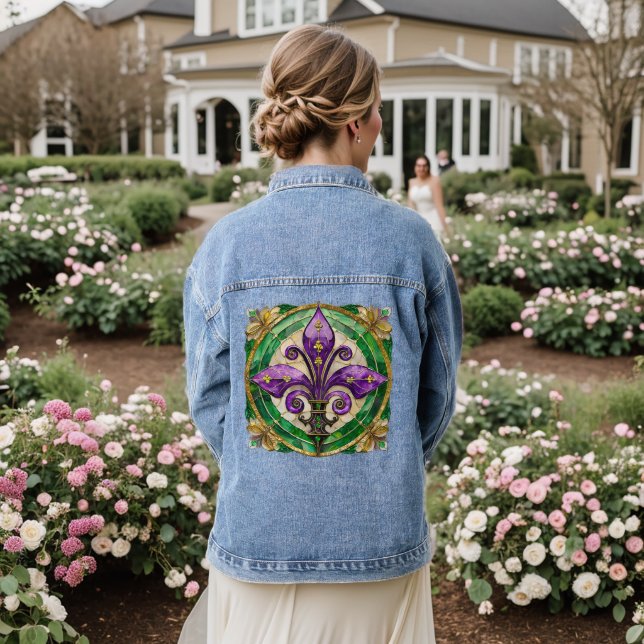 Mardi Gras Stained Glass Fleur de lis  Denim Jacket (Wedding Back)