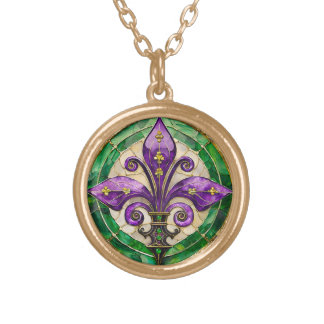 Mardi Gras Stained Glass Fleur de lis  Gold Plated Necklace