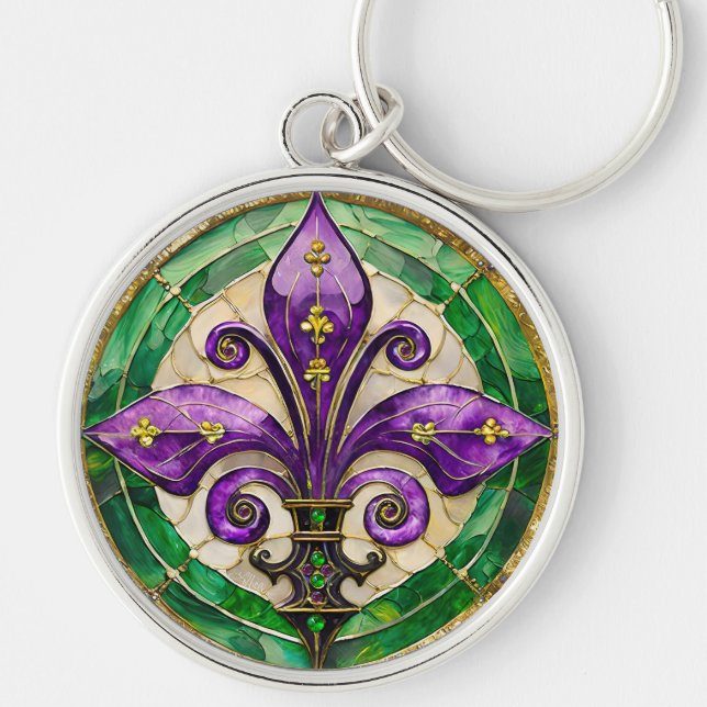 Mardi Gras Stained Glass Fleur de lis  Keychain (Front)