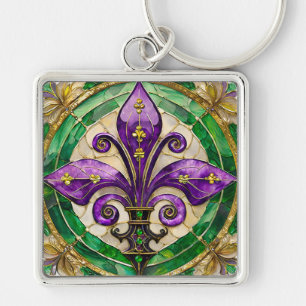 Mardi Gras Stained Glass Fleur de lis  Keychain