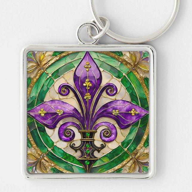 Mardi Gras Stained Glass Fleur de lis  Keychain (Front)