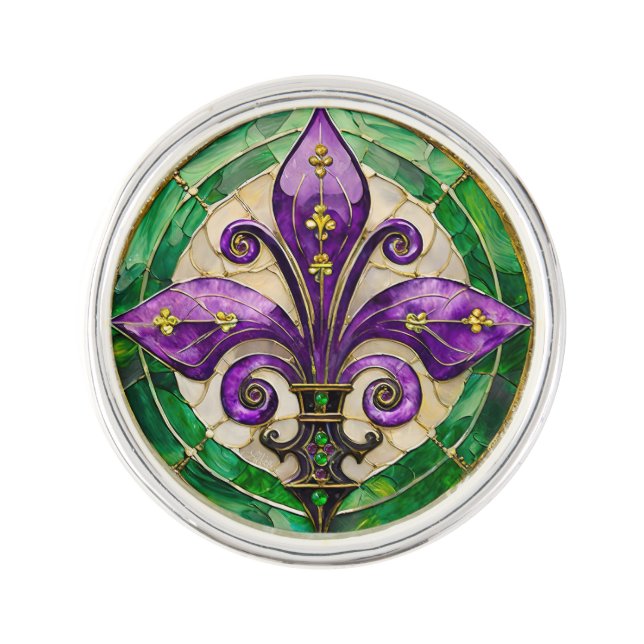 Mardi Gras Stained Glass Fleur de lis  Lapel Pin (Front)
