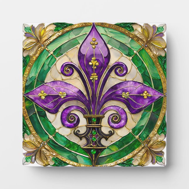 Mardi Gras Stained Glass Fleur de lis  Plaque (Front)
