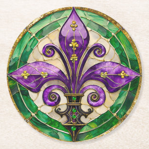 Mardi Gras Stained Glass Fleur de lis Round Paper Coaster