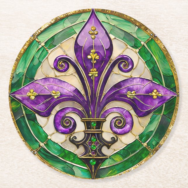 Mardi Gras Stained Glass Fleur de lis  Round Paper Coaster (Front)