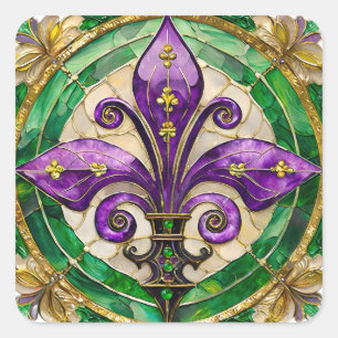 Mardi Gras Stained Glass Fleur de lis Square Sticker