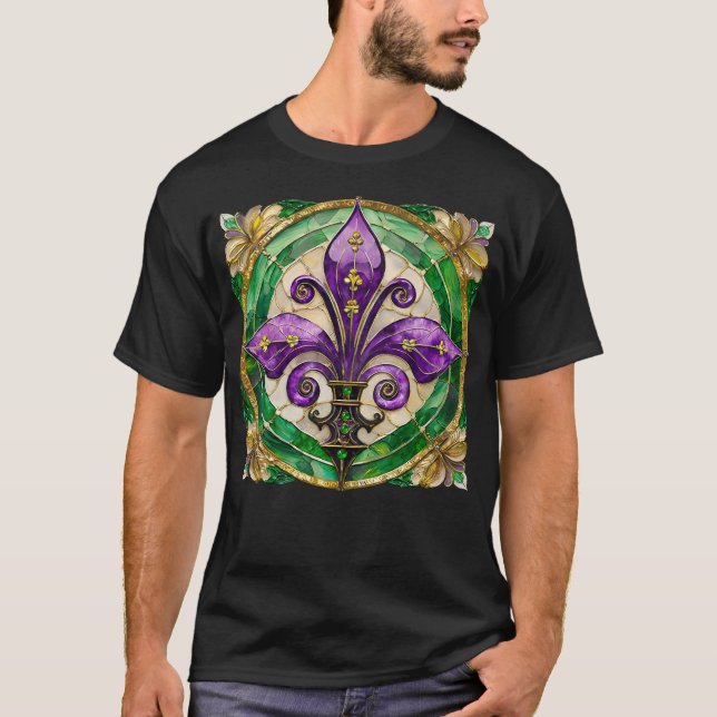 Mardi Gras Stained Glass Fleur de lis  T-Shirt (Front)