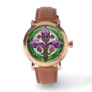 Mardi Gras Stained Glass Fleur de lis Watch