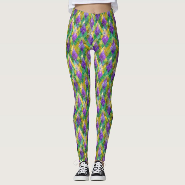 Mardi Gras Stained Glass Harlequin Print Leggings (Front)