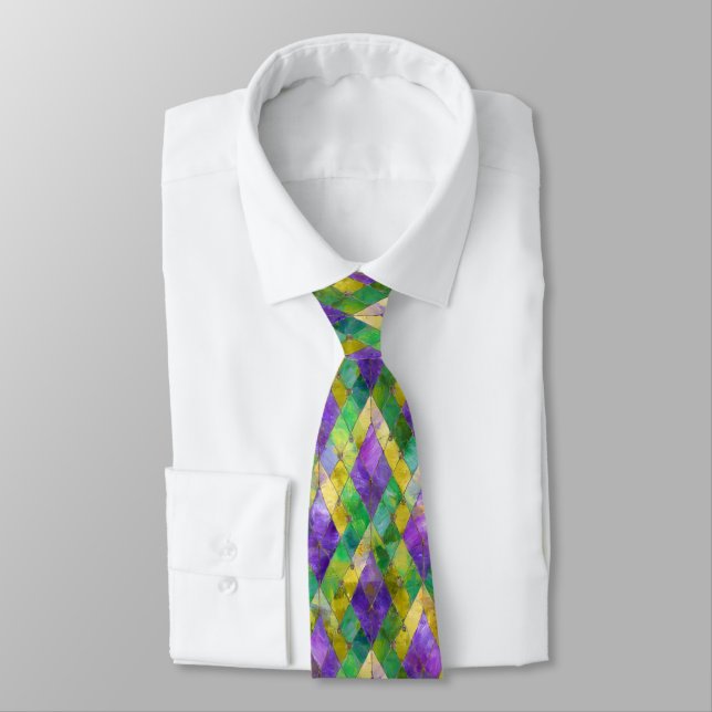 Mardi Gras Stained Glass Harlequin Print Neck Tie (Tied)