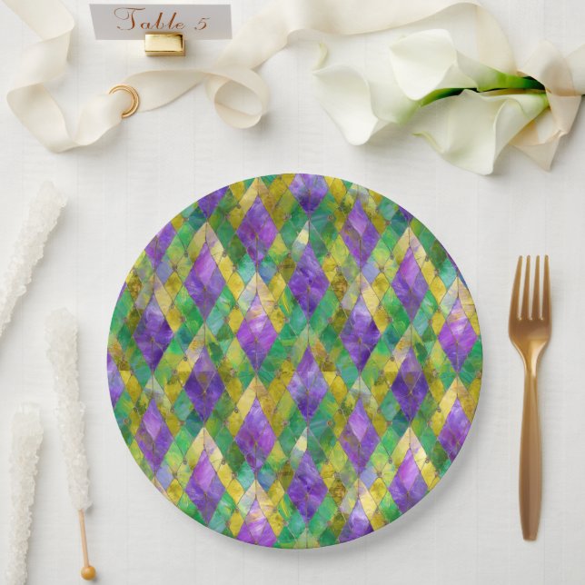 Mardi Gras Stained Glass Harlequin Print Paper Plates (Wedding)