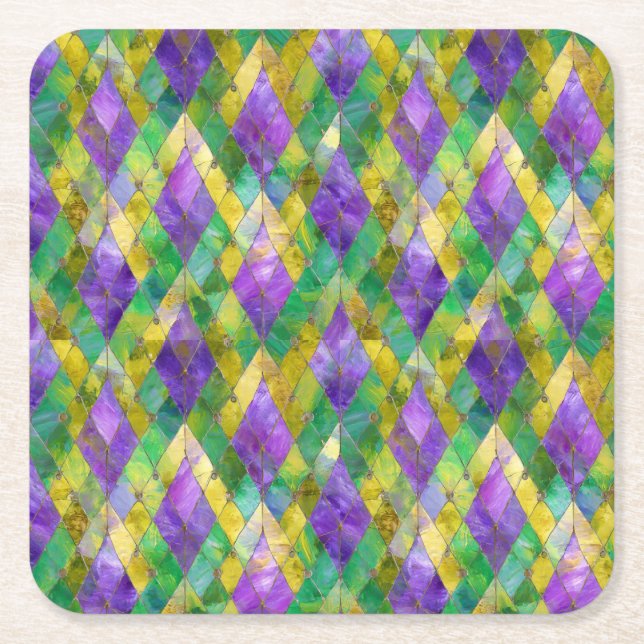 Mardi Gras Stained Glass Harlequin Print Square Paper Coaster (Front)
