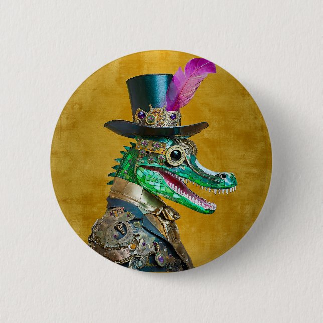 Mardi Gras Steampunk Party Animal Alligator Button (Front)