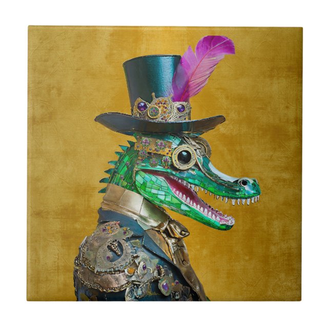 Mardi Gras Steampunk Party Animal Alligator Ceramic Tile (Front)
