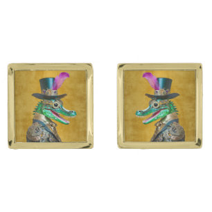 Mardi Gras Steampunk Party Animal Alligator Cufflinks
