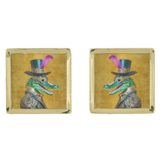 Mardi Gras Steampunk Party Animal Alligator Cufflinks