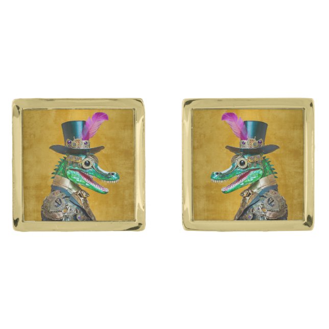 Mardi Gras Steampunk Party Animal Alligator Cufflinks (Front)