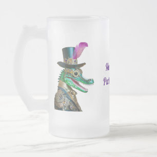 Mardi Gras Steampunk Party Animal Alligator Frosted Glass Beer Mug