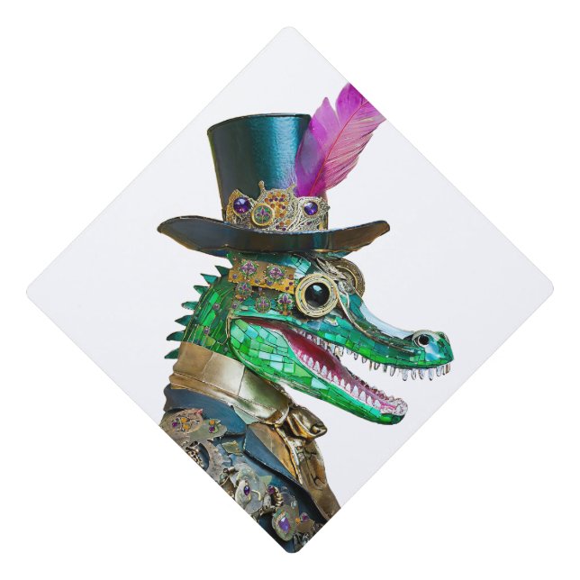 Mardi Gras Steampunk Party Animal Alligator Graduation Cap Topper (Front)