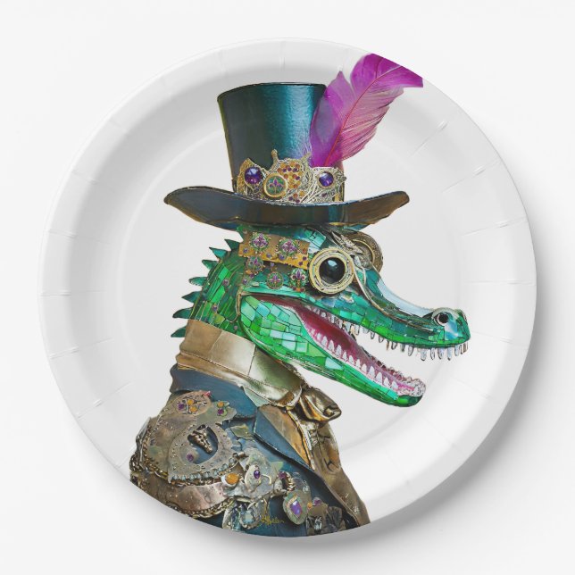 Mardi Gras Steampunk Party Animal Alligator Paper Plates (Front)