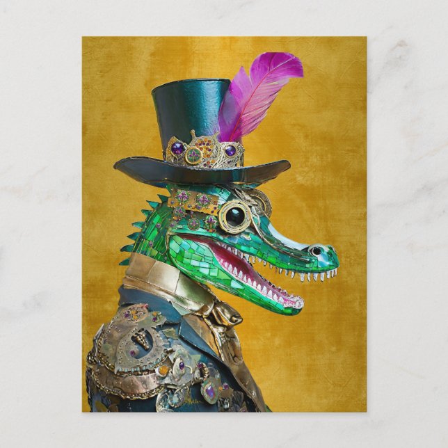 Mardi Gras Steampunk Party Animal Alligator Postcard (Front)