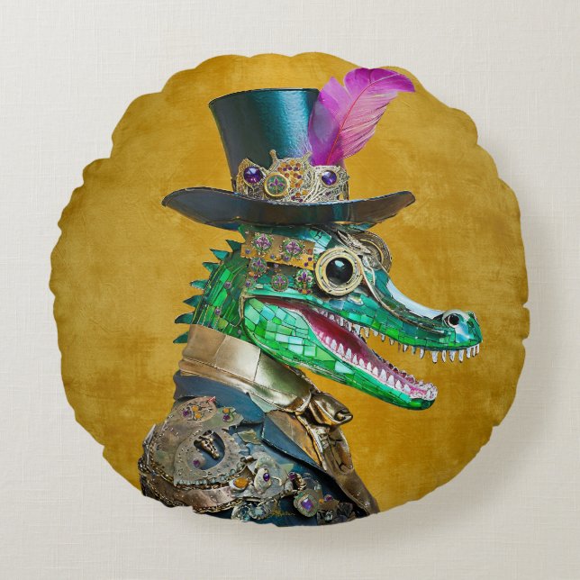 Mardi Gras Steampunk Party Animal Alligator Round Pillow (Front)