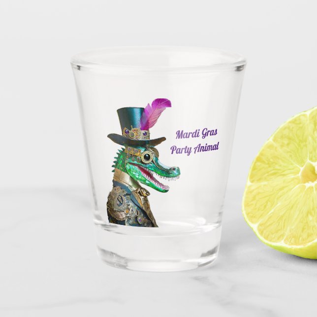 Mardi Gras Steampunk Party Animal Alligator Shot Glass (Front)