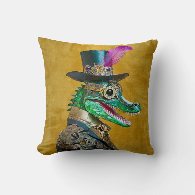 Mardi Gras Steampunk Party Animal Alligator Throw Pillow (Front)
