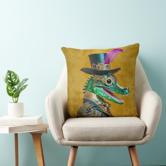Mardi Gras Steampunk Party Animal Alligator Throw Pillow (Chair)