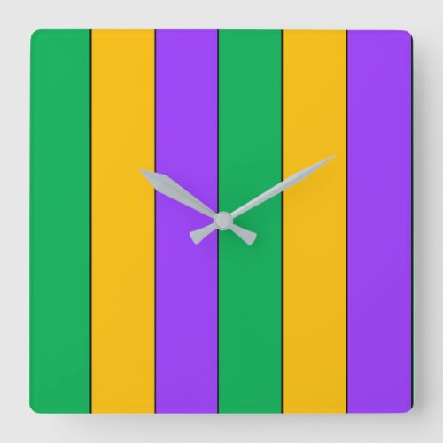 Mardi Gras Stripes Pattern Green Yellow Purple Square Wall Clock