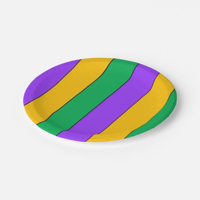 Mardi Gras Stripes Pattern Purple Green Yellow Paper Plates (Angled)
