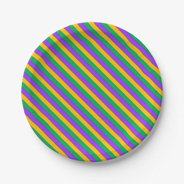 Mardi Gras Stripes Pattern Purple Green Yellow Paper Plates (Front)