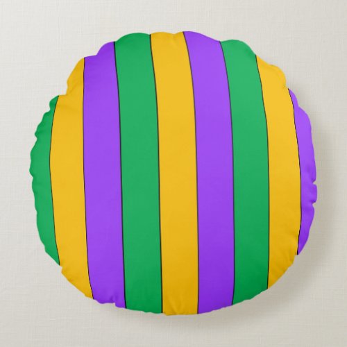 Mardi Gras Stripes Pattern Purple Green Yellow Round Pillow