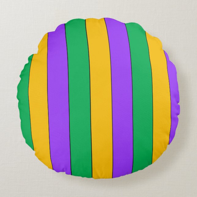 Mardi Gras Stripes Pattern Purple Green Yellow Round Pillow (Front)