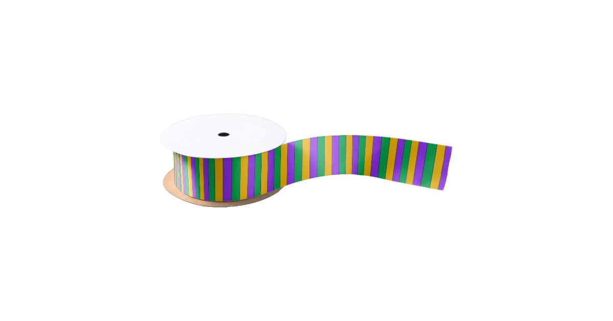 Mardi Gras argyle ribbon in purple green and yellow printed on 1.5 white  single face satin and grosgrain