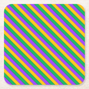 Mardi Gras Stripes Pattern Purple Green Yellow Square Paper Coaster