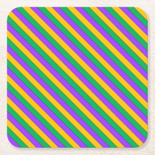 Mardi Gras Stripes Pattern Purple Green Yellow Square Paper Coaster