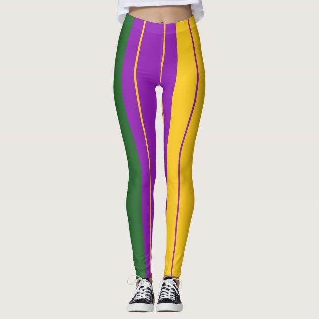Mardi Gras Stripey Mauve, Green, yellow Leggings (Front)